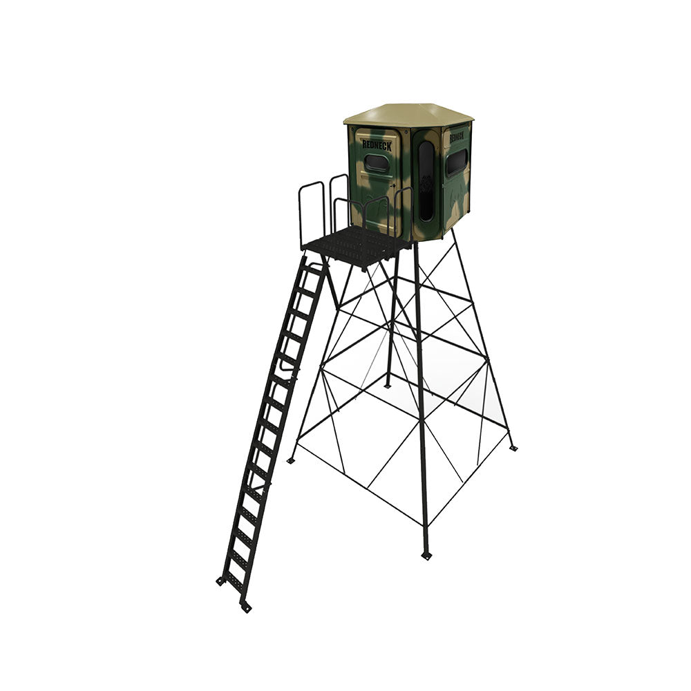The Buck Palace Platinum 360° 6X6 Box Blind - With 15' Stand and Porch Extension - Camo