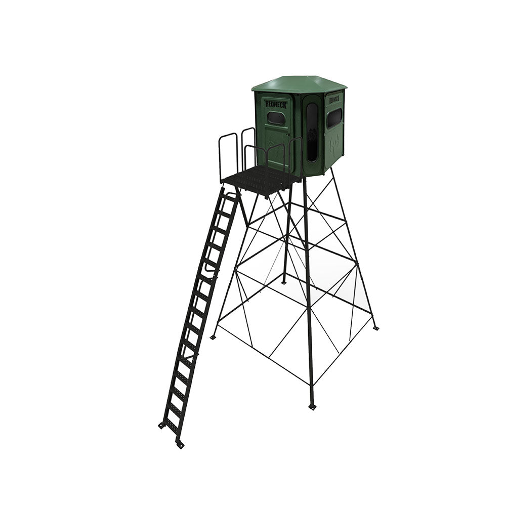 The Buck Palace Platinum 360° 6X6 Box Blind - With 15' Stand and Porch Extension - Redneck Green