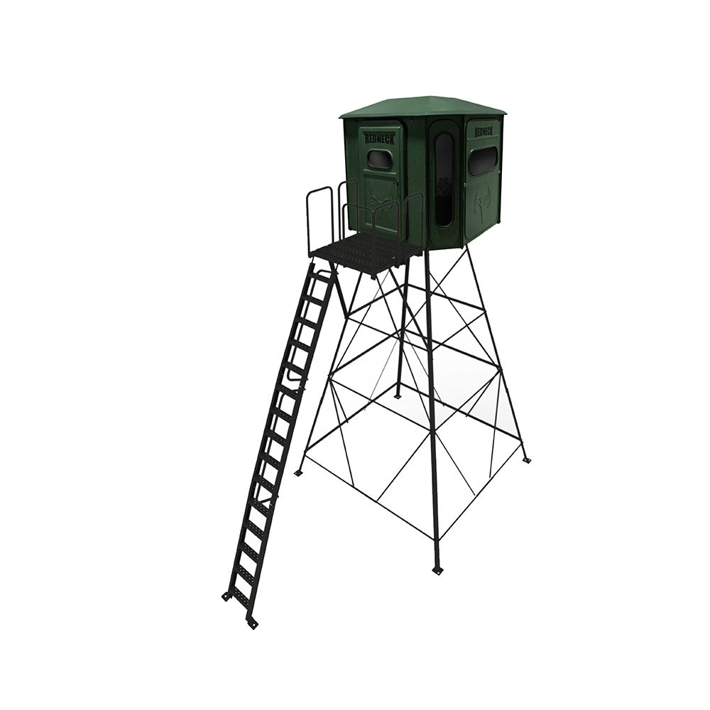 The Big Country Platinum 360° 6X7 Box Blind - With 15' Stand & Porch Extension - Redneck Green